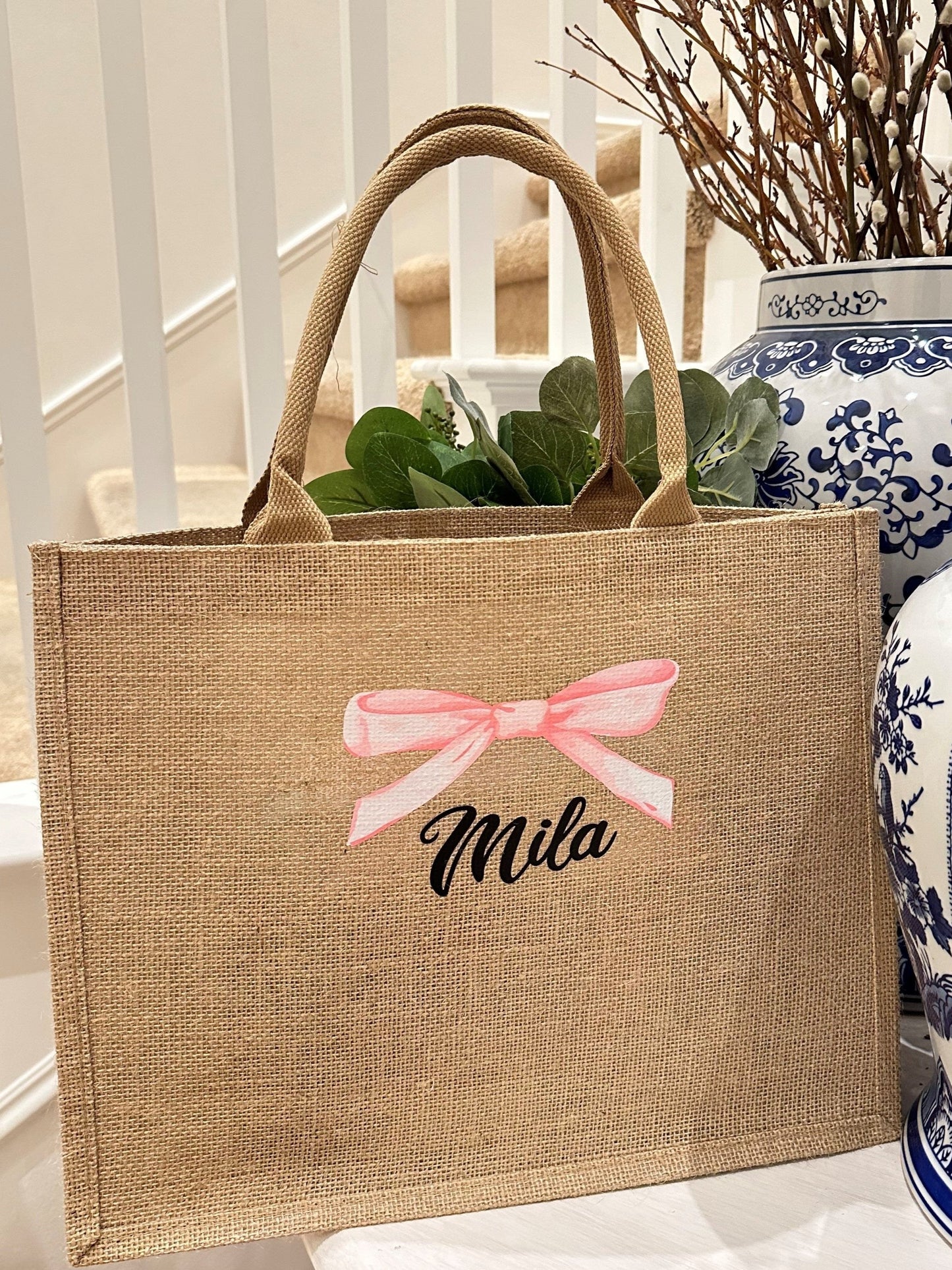 Bow & Name Burlap Tote Bag