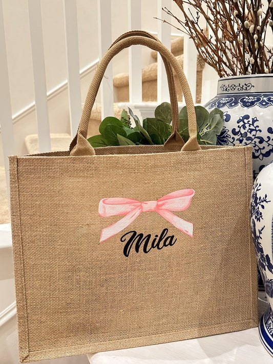 Bow & Name Burlap Tote Bag