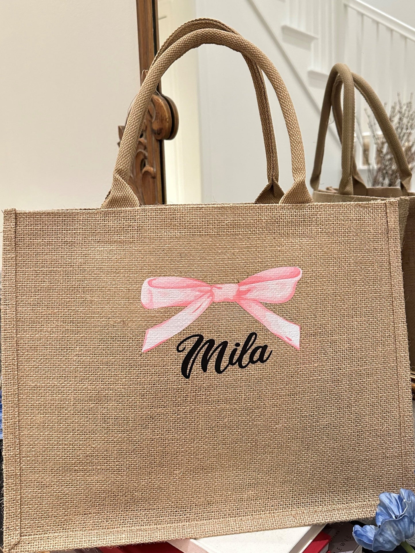 Bow & Name Burlap Tote Bag