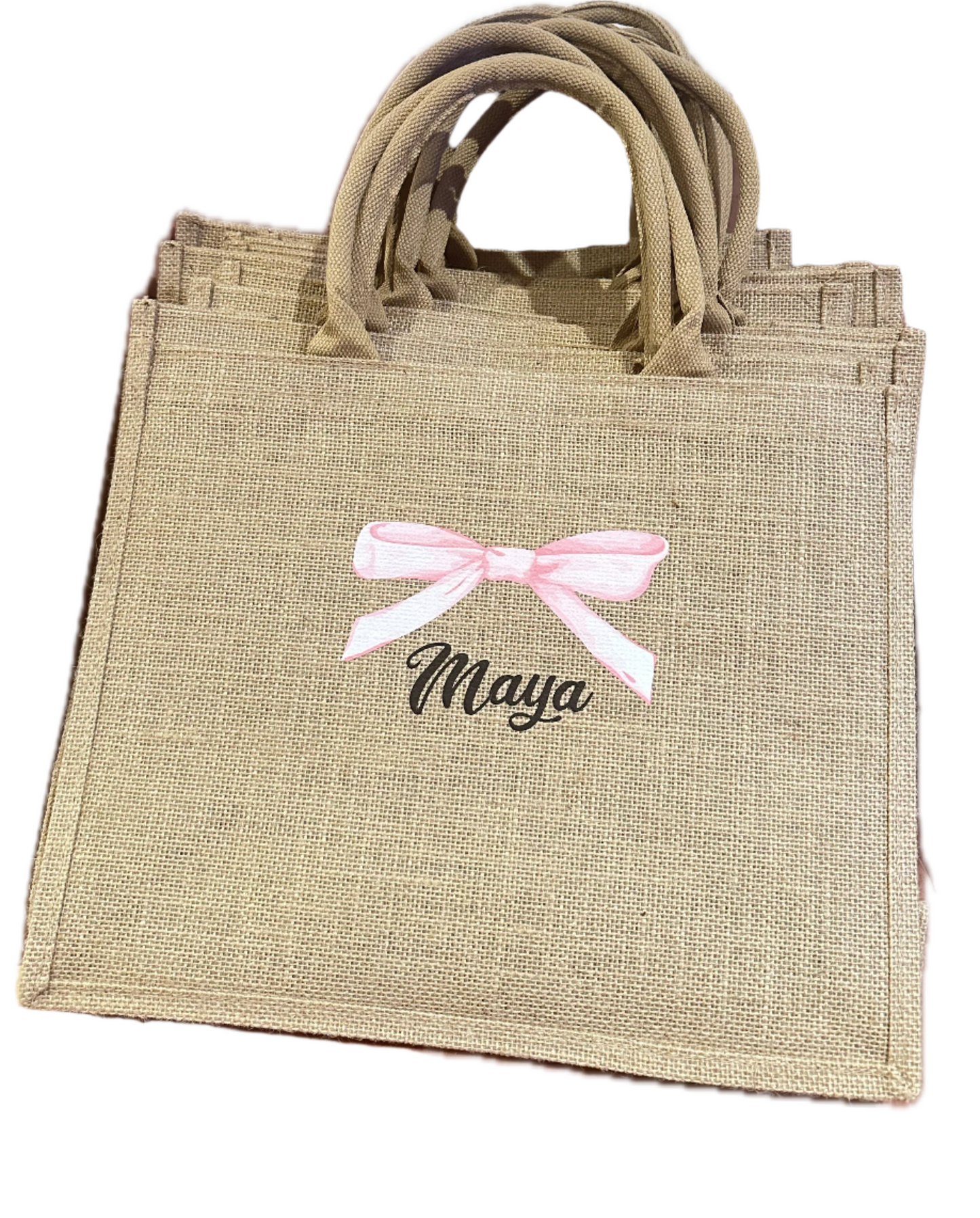 Bow & Name Burlap Tote Bag